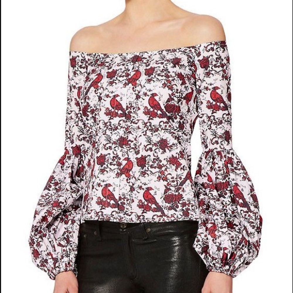 Caroline Constas off the shoulder red white floral bird top S
